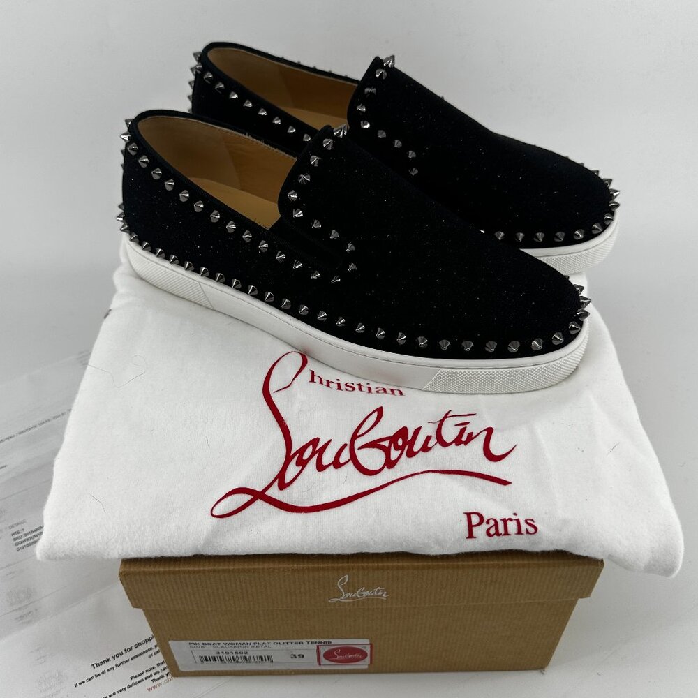 Louboutin Black GLITTER Slip On's with Silver Studs - Size 39
